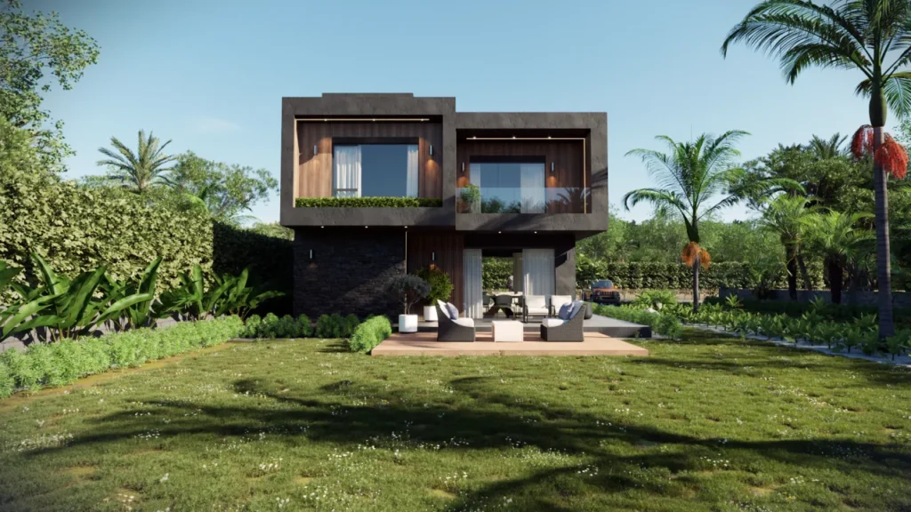 Vista de la terraza posterior de Casa Bolaina con mobiliario exterior lounge, y denso paisajismo tropical. Diseño de exteriores por despacho de arquitectos.