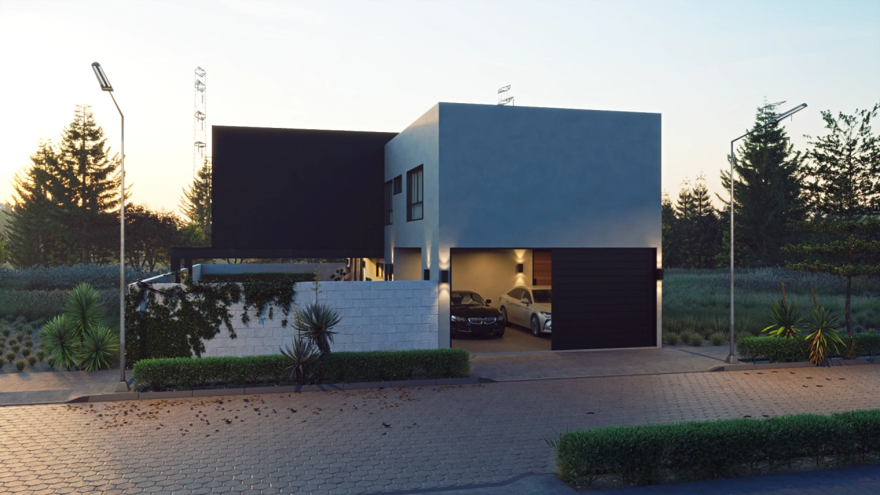 Render de casa moderna residencial con iluminación exterior y cochera para dos autos.