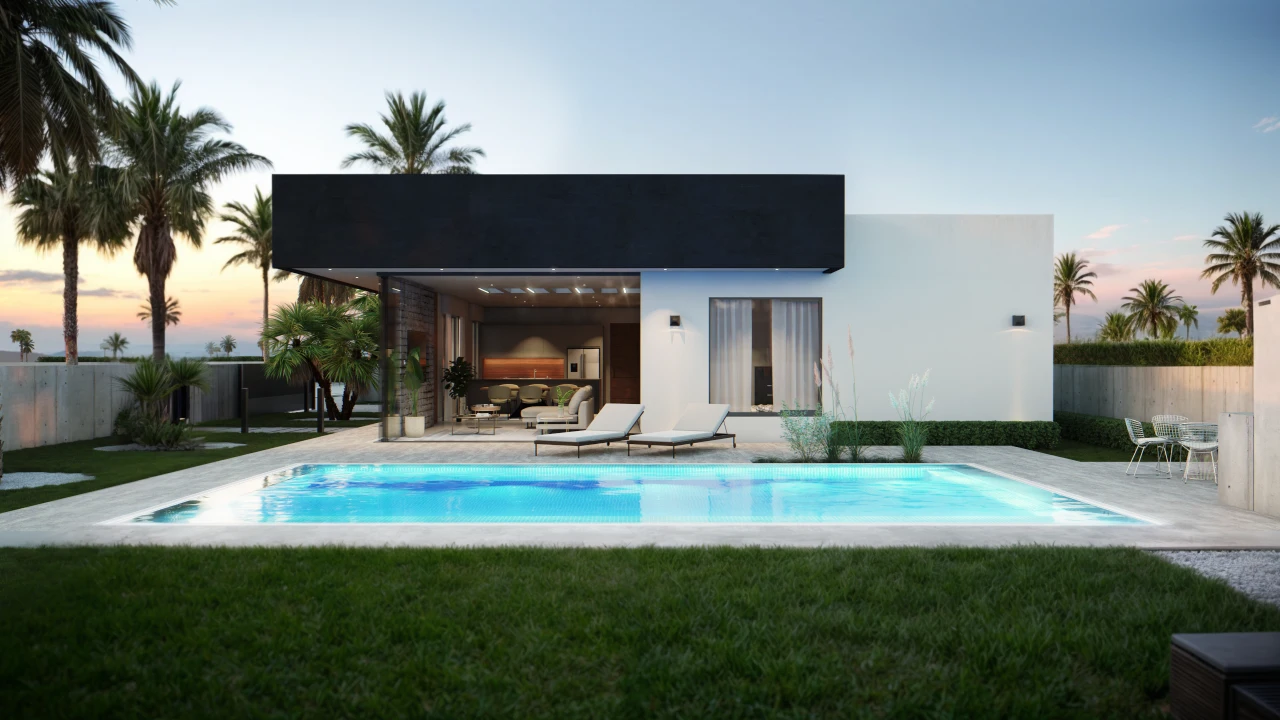 Fachada moderna posterior con piscina y terraza abierta al atardecer.