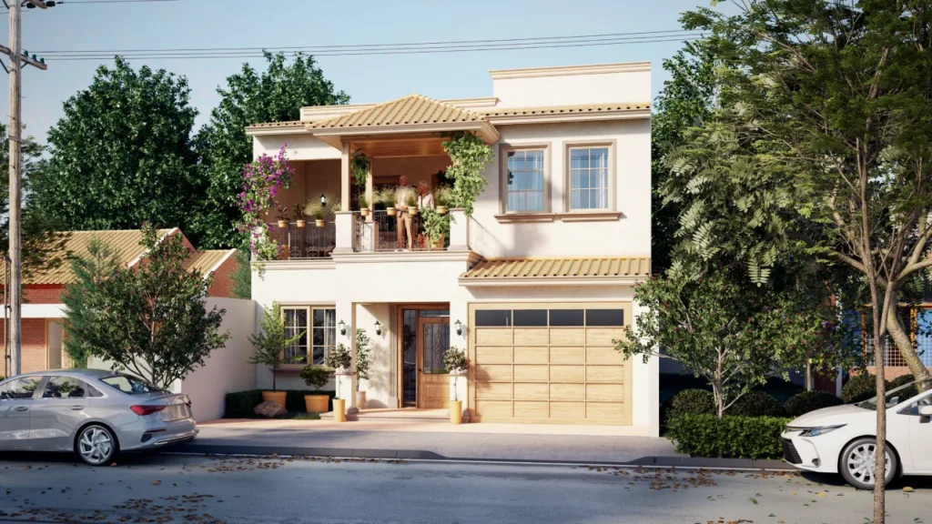 Vista exterior frontal de una casa colonial en Colombia de dos pisos con techo de tejas, balcón de madera y un coche plateado aparcado fuera.