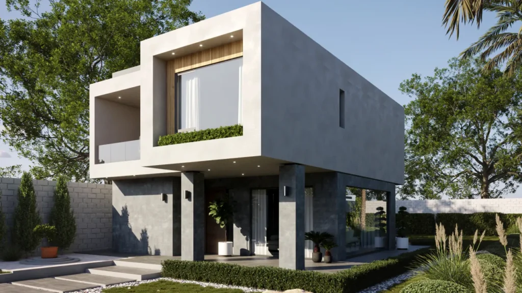 Perspectiva angular mostrando la arquitectura cúbica y los volúmenes voladizos de una casa moderna en Nicaragua.