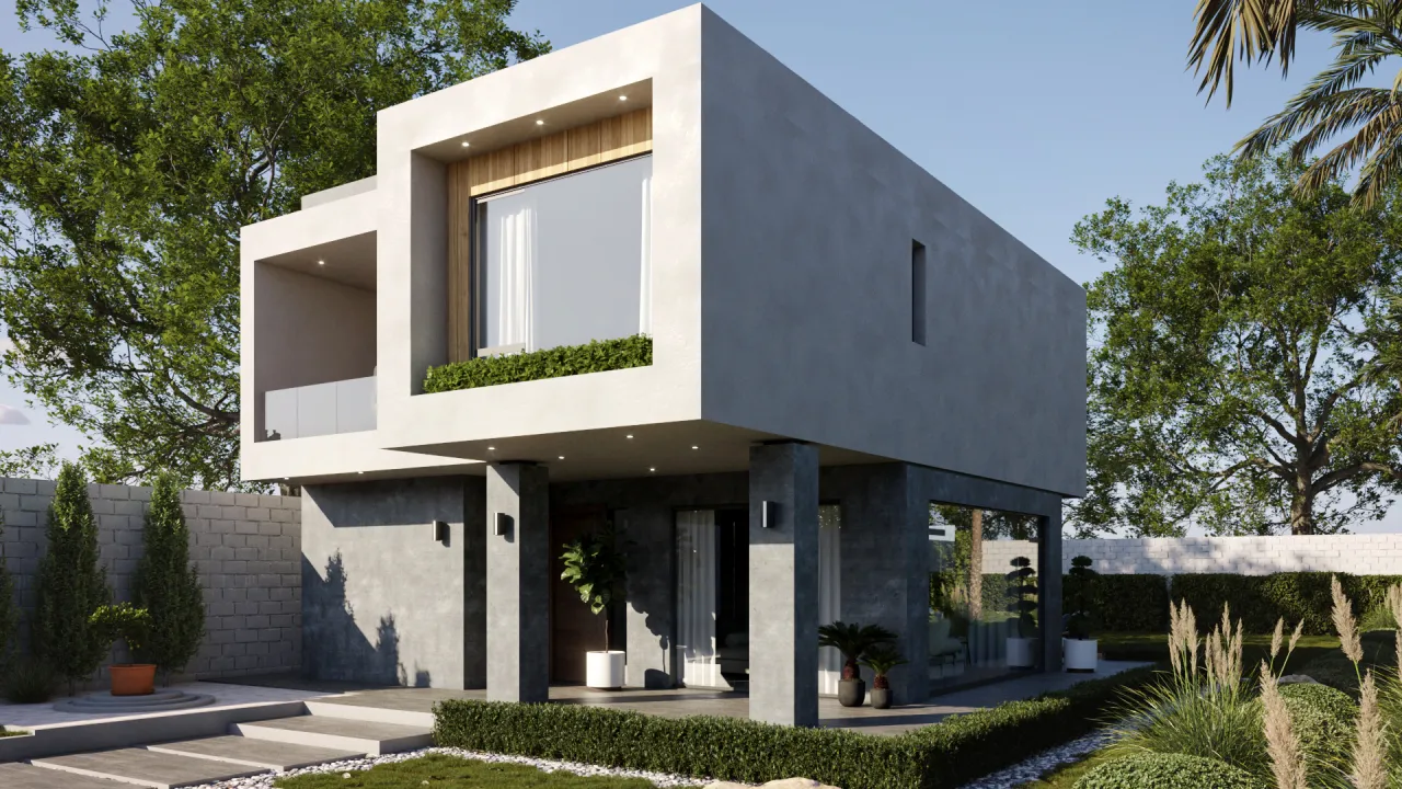 Perspectiva angular mostrando la arquitectura cúbica y los volúmenes voladizos de una casa moderna en Nicaragua.