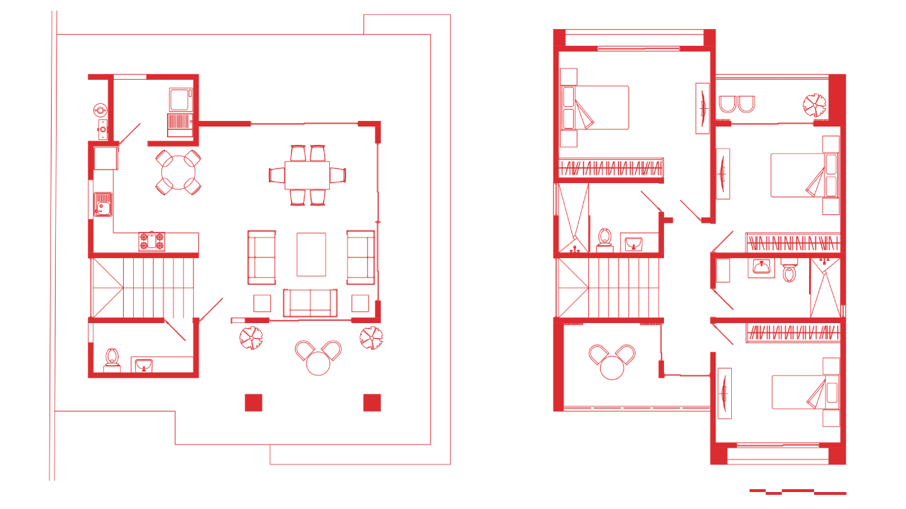 Vista combinada de los planos arquitectónicos de planta baja y planta alta de una casa moderna en Nicaragua.