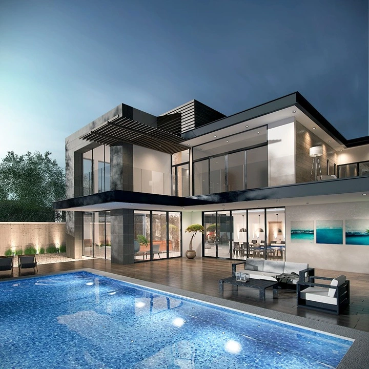 Vista posterior con alberca y terrazas en la casa moderna Nogal.