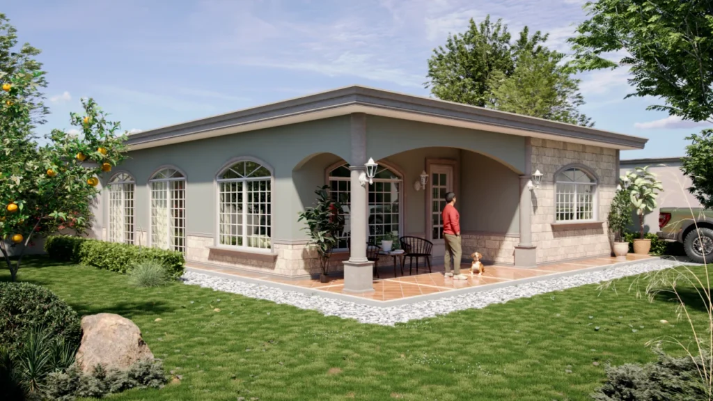 Perspectiva en esquina de la casa pequeña en Izúcar, destacando el jardín con árboles frutales, el porche envolvente y las múltiples ventanas arqueadas.